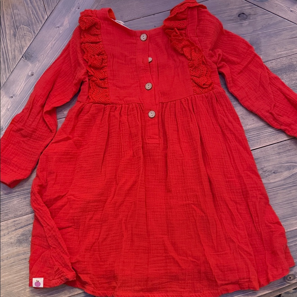 Cheeky Plum Girls Red Ruffle Button Gauze Dress Boutique Size 6Y